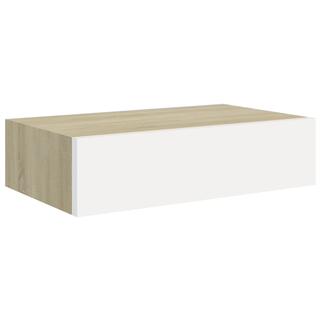 Wall shelves with drawers, 2 pieces, oak look, white, 40 x 23.5 x 10 cm