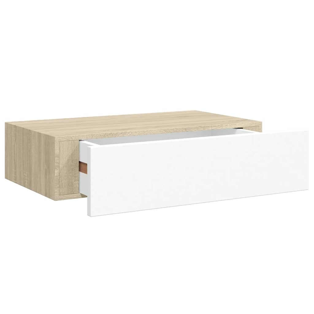 Wall shelves with drawers, 2 pieces, oak look, white, 40 x 23.5 x 10 cm