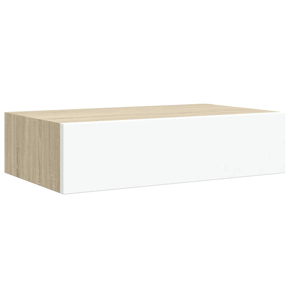 Wall shelves with drawers, 2 pieces, oak look, white, 40 x 23.5 x 10 cm