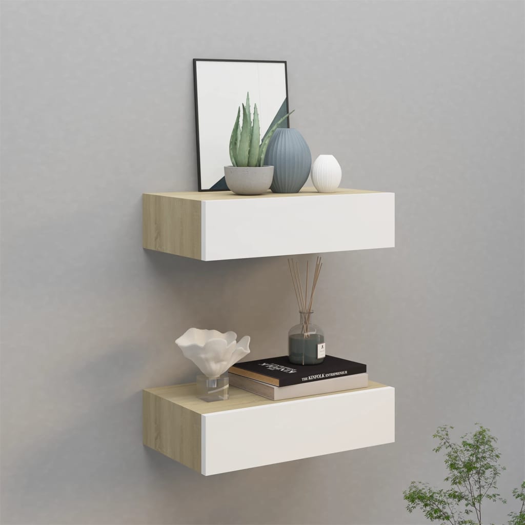 Wall shelves with drawers, 2 pieces, oak look, white, 40 x 23.5 x 10 cm