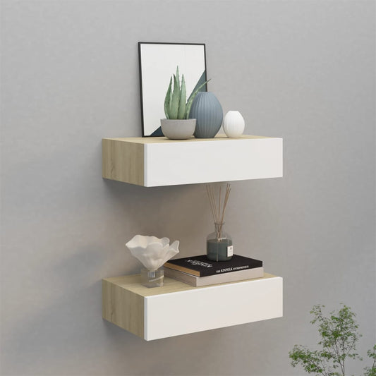 Wall shelves with drawers, 2 pieces, oak look, white, 40 x 23.5 x 10 cm