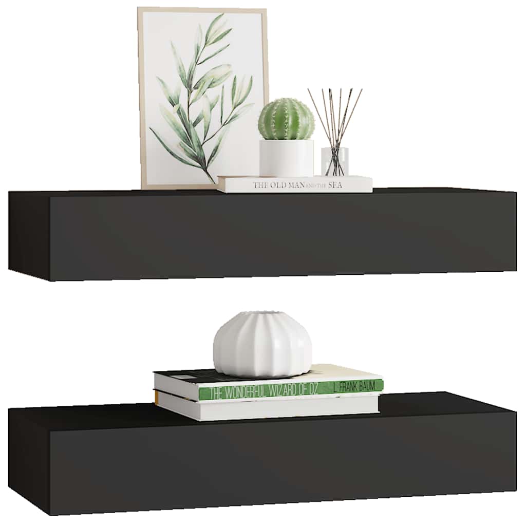 Wall shelves with drawers 2 pcs. Black 60x23.5x10 cm MDF
