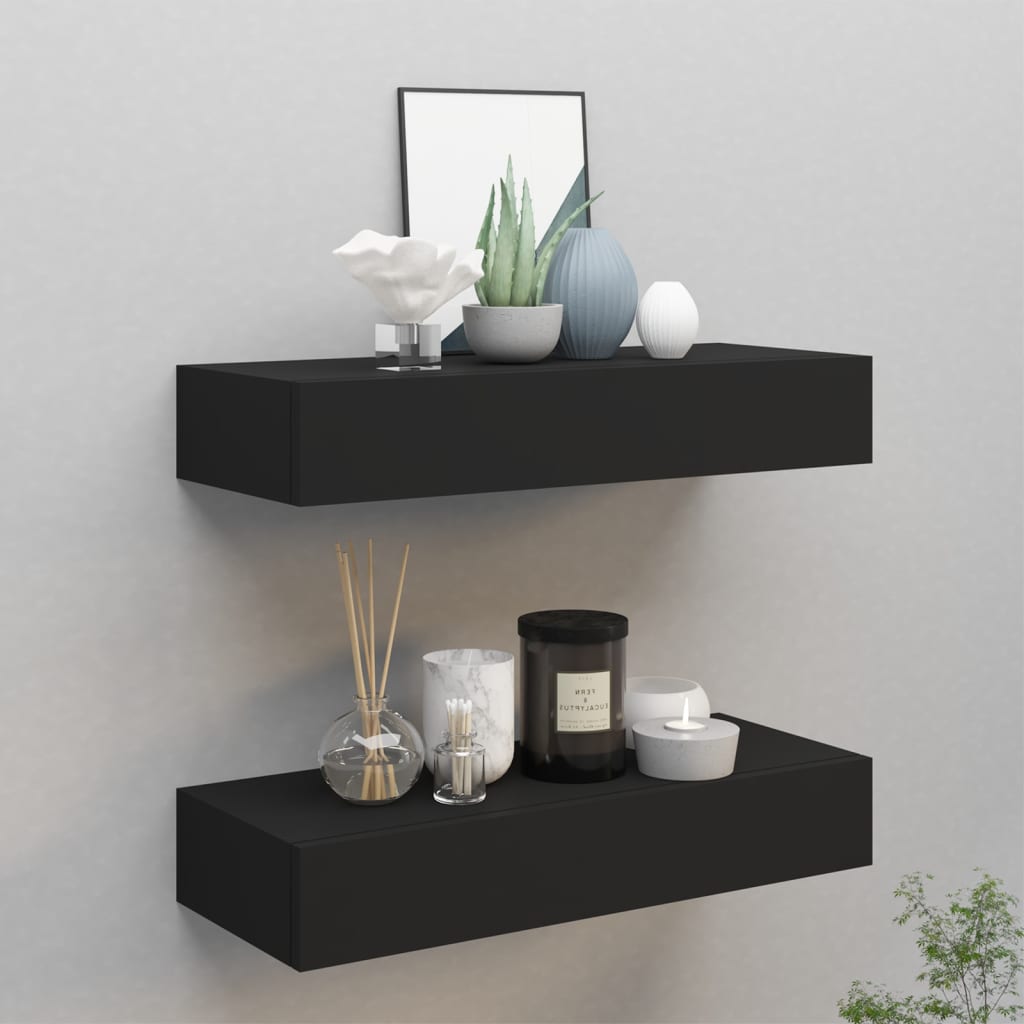 Wall shelves with drawers 2 pcs. Black 60x23.5x10 cm MDF