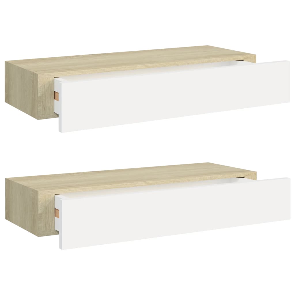 Wall shelves with drawers, 2 pieces, oak look, white, 60 x 23.5 x 10 cm
