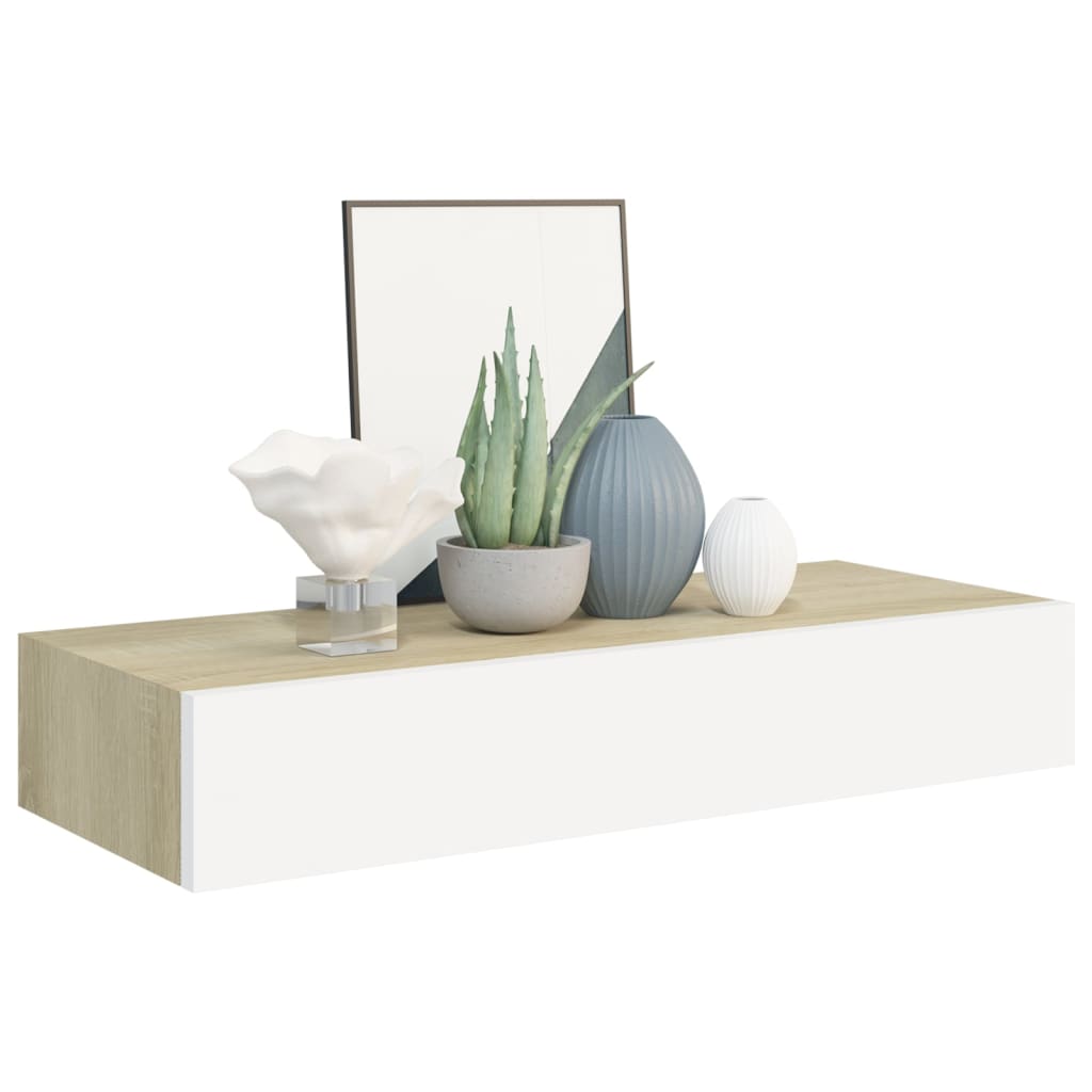 Wall shelves with drawers, 2 pieces, oak look, white, 60 x 23.5 x 10 cm