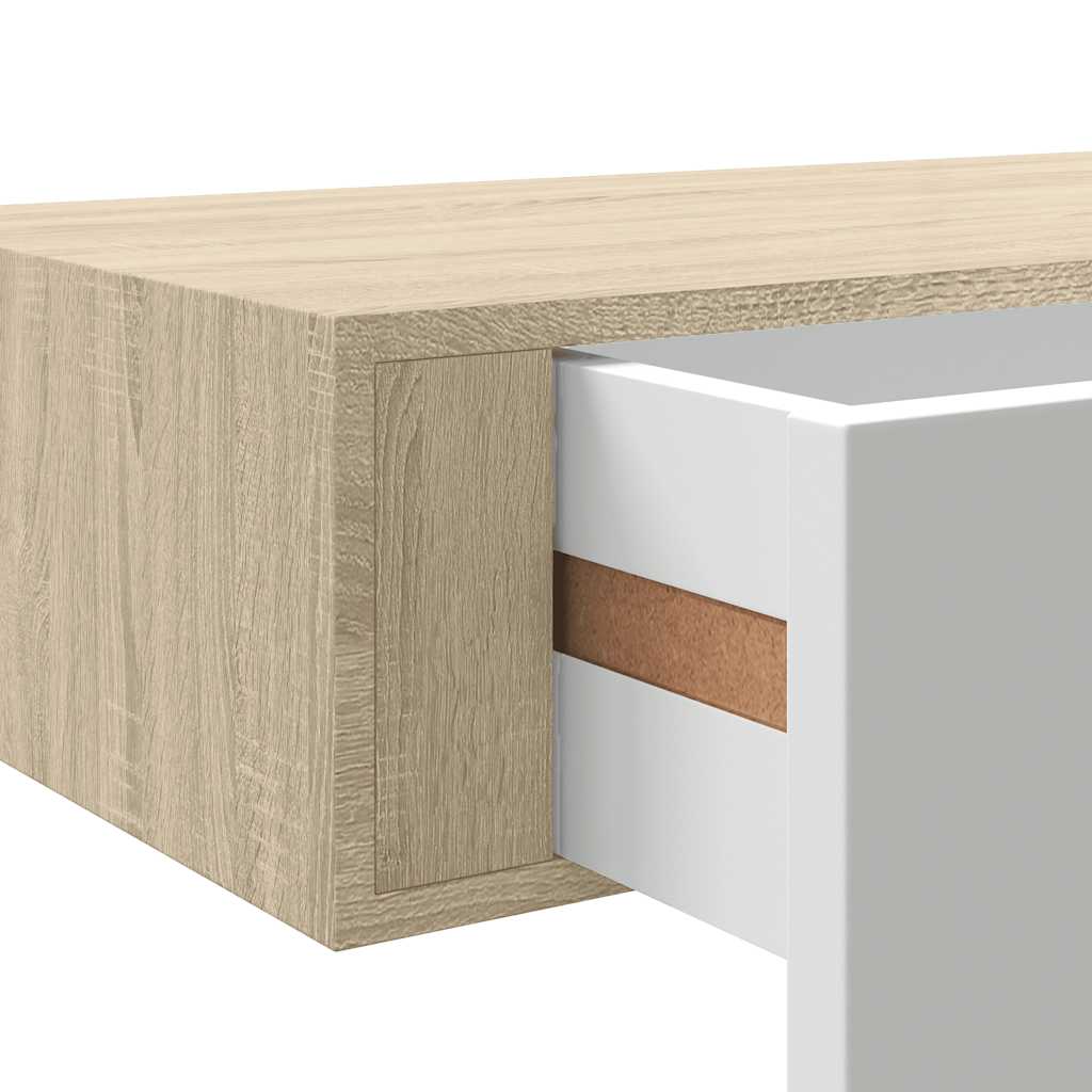 Wall shelves with drawers, 2 pieces, oak look, white, 60 x 23.5 x 10 cm