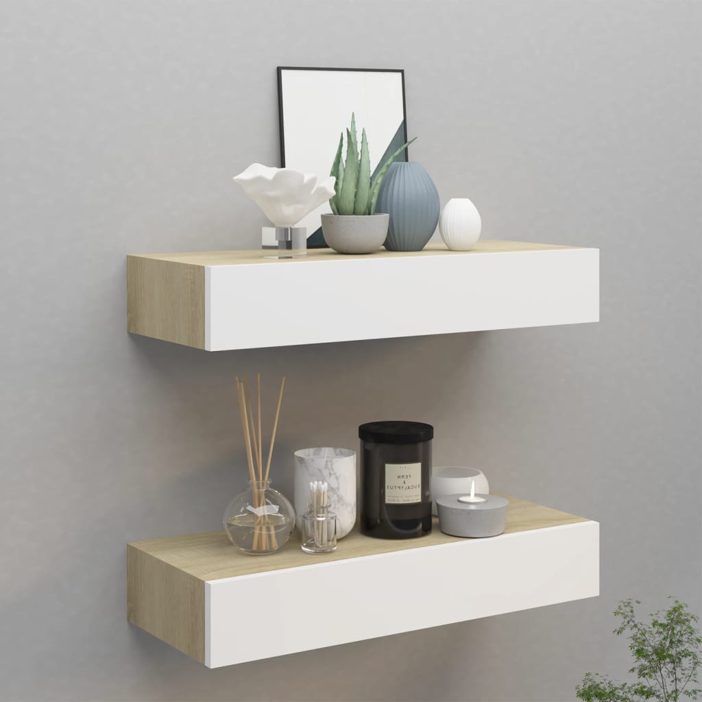 Wall shelves with drawers, 2 pieces, oak look, white, 60 x 23.5 x 10 cm