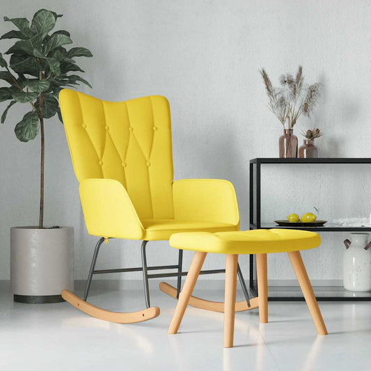 Chaise à bascule avec tabouret en tissu jaune moutarde