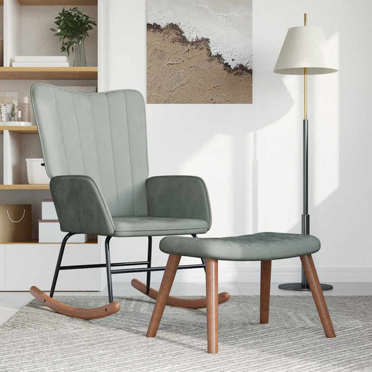 Fauteuil à bascule avec tabouret en velours gris clair