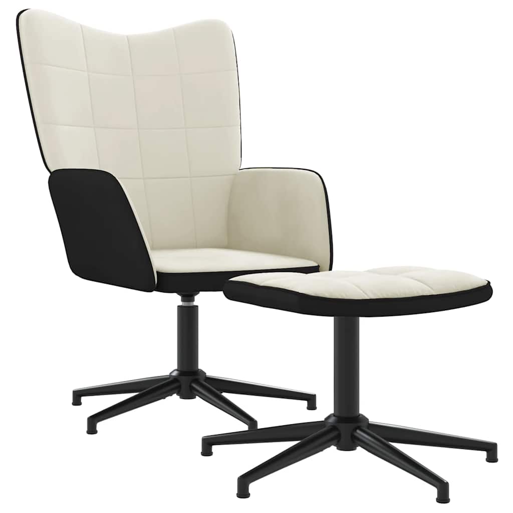 Fauteuil relax avec tabouret en velours blanc crème et PVC