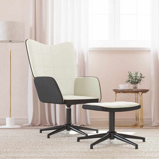Fauteuil relax avec tabouret en velours blanc crème et PVC