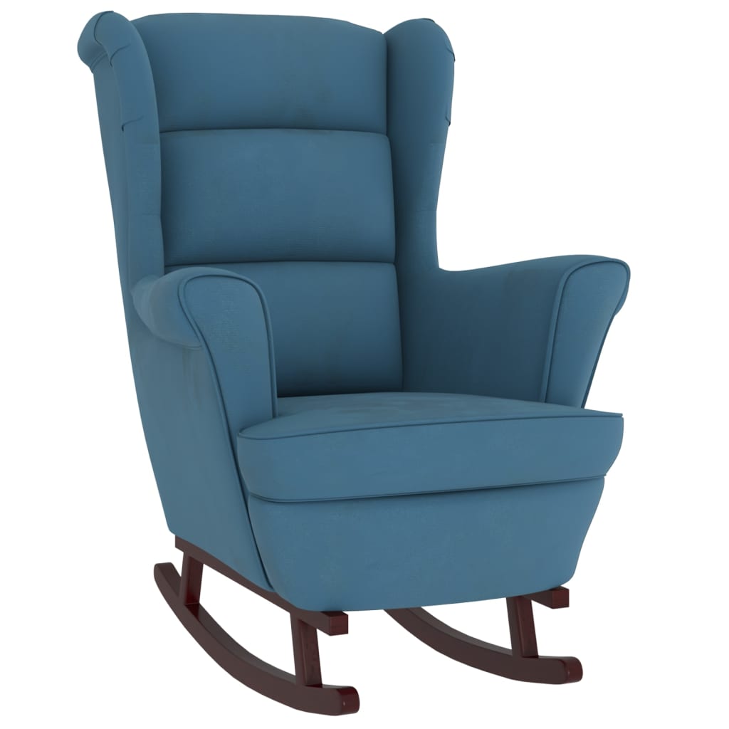 Chaise à bascule avec pieds en bois massif et caoutchouc et velours bleu