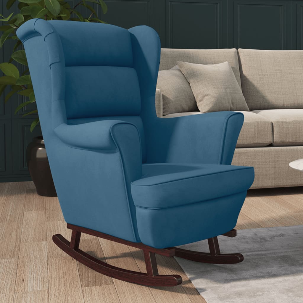 Chaise à bascule avec pieds en bois massif et caoutchouc et velours bleu