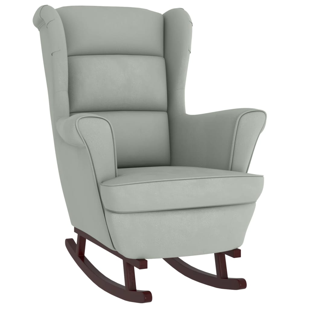 Chaise à bascule avec pieds en bois massif et caoutchouc, velours gris clair