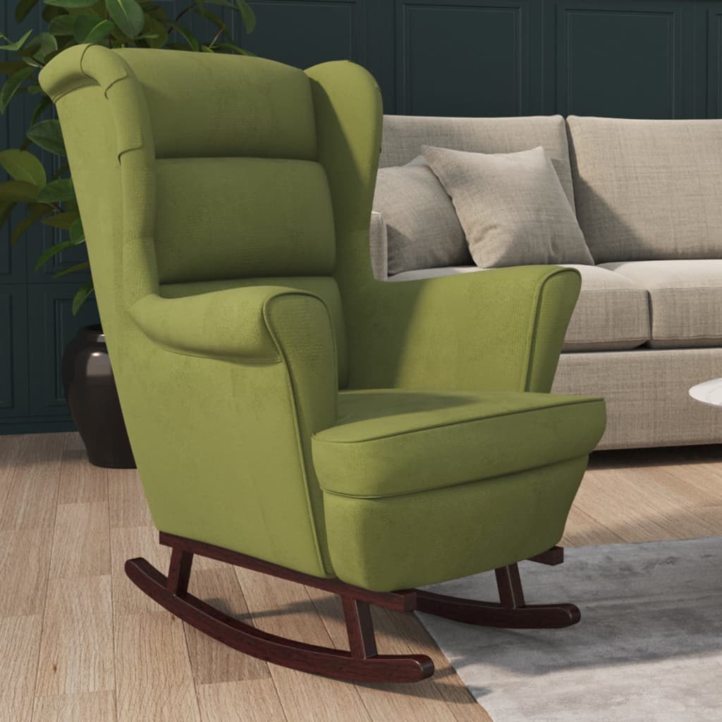 Chaise à bascule avec pieds en bois massif et caoutchouc, velours vert clair