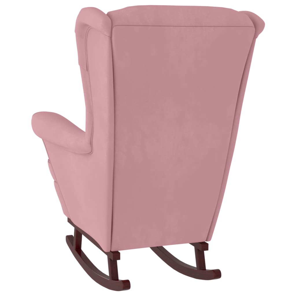 Chaise à bascule avec pieds en bois massif et caoutchouc, velours rose