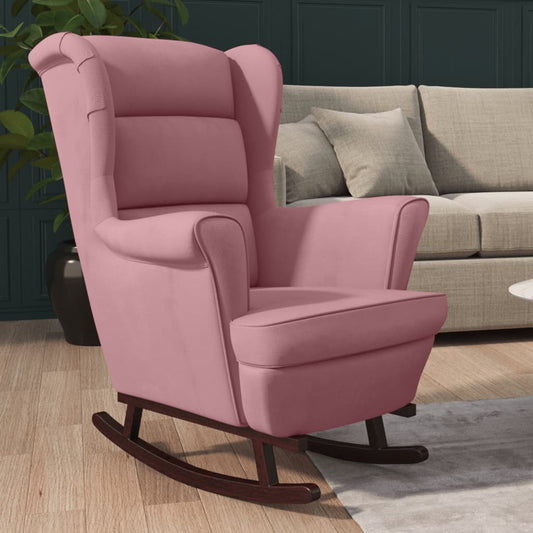 Chaise à bascule avec pieds en bois massif et caoutchouc, velours rose