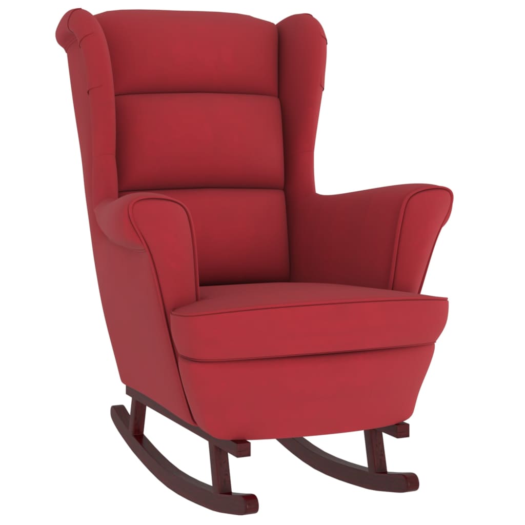 Chaise à bascule avec pieds en bois massif et caoutchouc, velours rouge vin