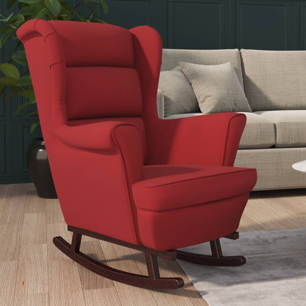 Chaise à bascule avec pieds en bois massif et caoutchouc, velours rouge vin