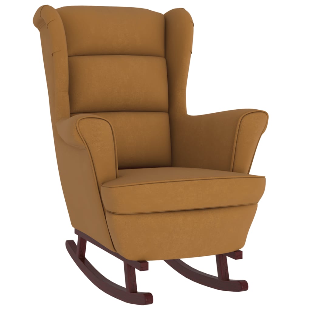 Chaise à bascule avec pieds en bois massif et caoutchouc, velours marron