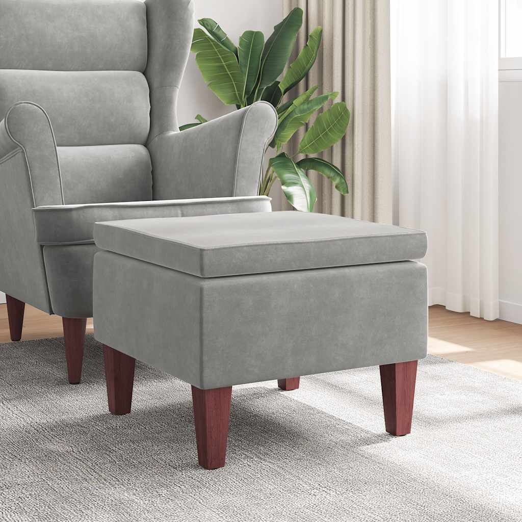 Hocker mit Holzbeinen Hellgrau Samt