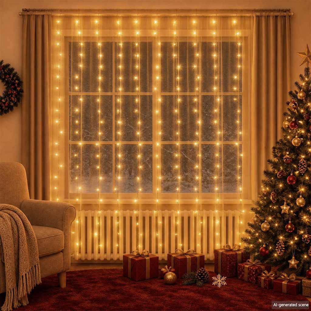 LED-Lichtervorhang 3x3 m 300 LED Warmweiß 8 Funktionen