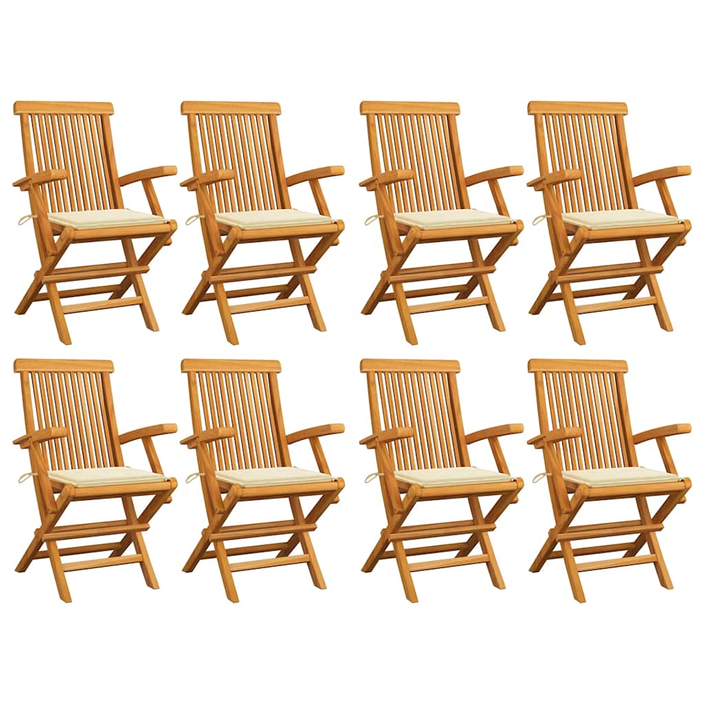 Klappstühle mit cremefarbenen Kissen, 8-teilig, Massivholz Teakholz