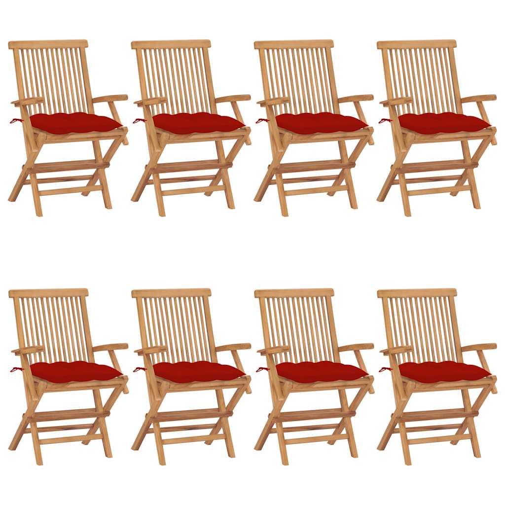 Klappstühle mit roten Kissen, 8-teilig, Massivholz Teakholz