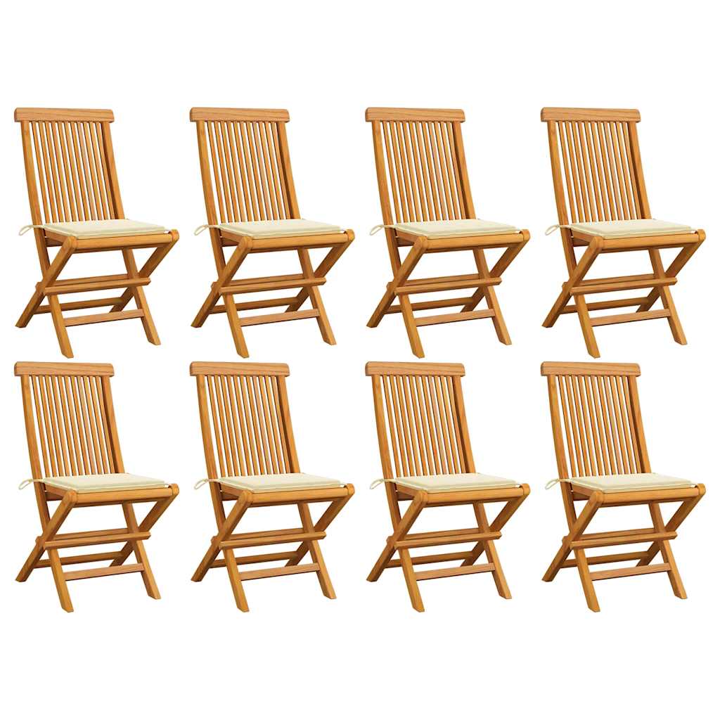 Klappstühle mit cremefarbenen Kissen, 8-teilig, Massivholz Teakholz