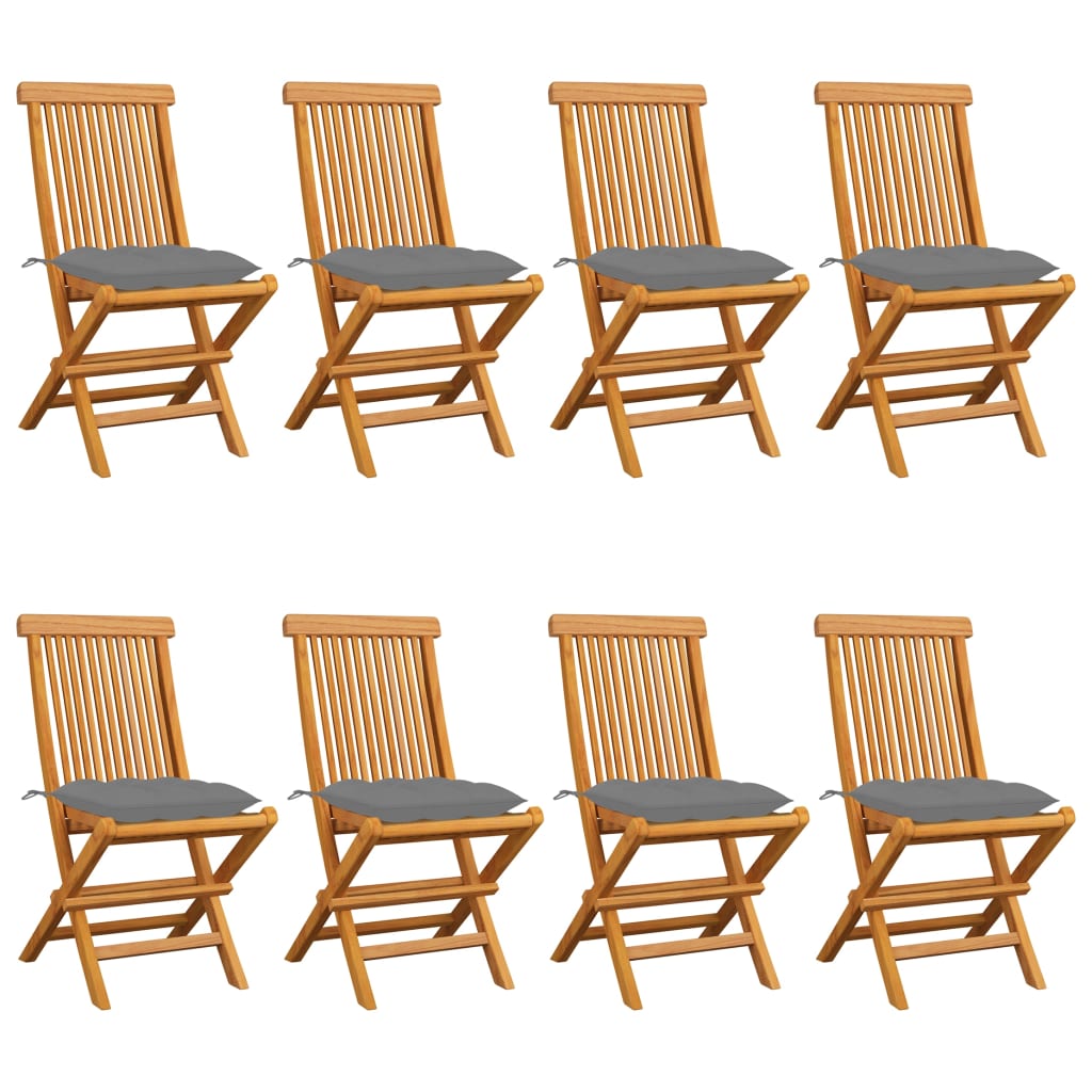 Klappstühle mit grauen Kissen, 8-teilig, Massivholz Teakholz