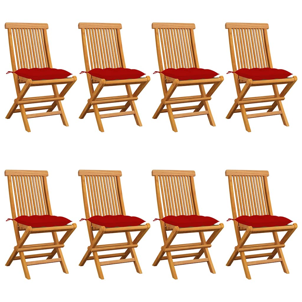 Klappstühle mit roten Kissen, 8-teilig, Massivholz Teakholz