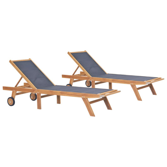Chaises longues pliables à roulettes, lot de 2, bois de teck et textilène