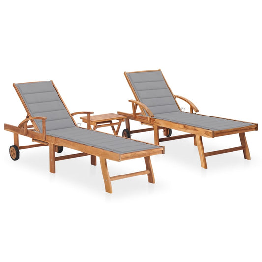 Sun loungers 2 pcs. with table and cushions solid teak wood