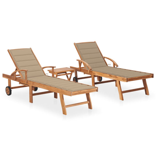 Sun loungers 2 pcs. with table and cushions solid teak wood