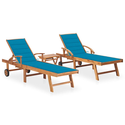 Sun loungers 2 pcs. with table and cushions solid teak wood