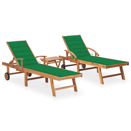 Sun loungers 2 pcs. with table and cushions solid teak wood