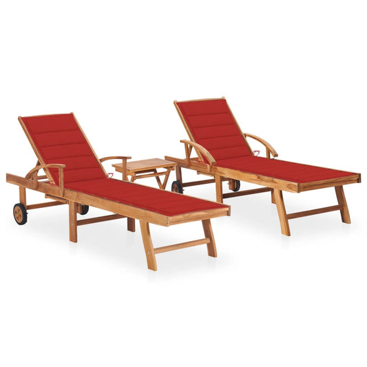 Chaises longues 2 pièces avec table et coussins en bois de teck massif