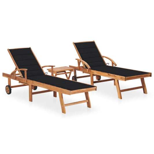 Chaises longues 2 pièces avec table et coussins en bois de teck massif