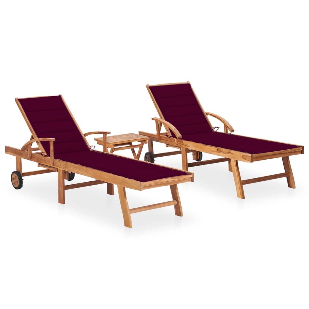 Chaises longues 2 pièces avec table et coussins en bois de teck massif