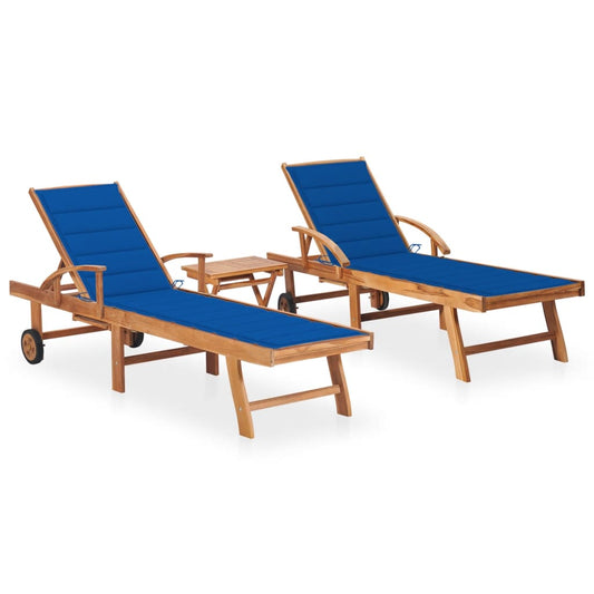 Sun loungers 2 pcs. with table and cushions solid teak wood