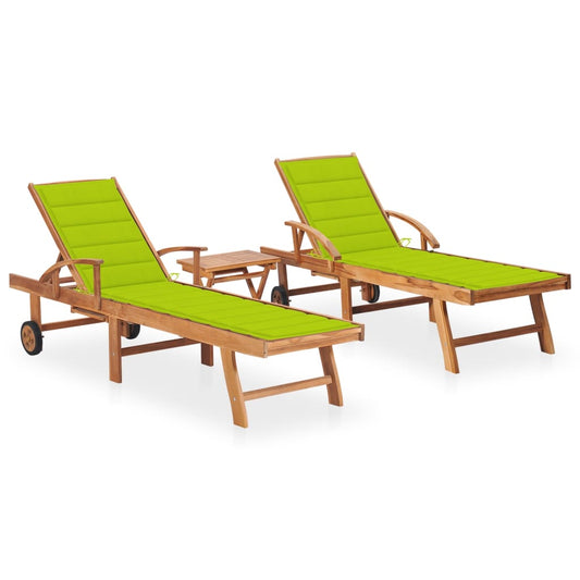 Sun loungers 2 pcs. with table and cushions solid teak wood