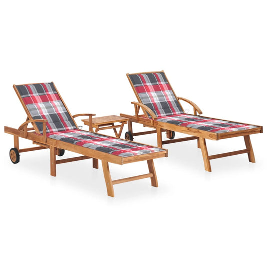 Chaises longues 2 pièces avec table et coussins en bois de teck massif