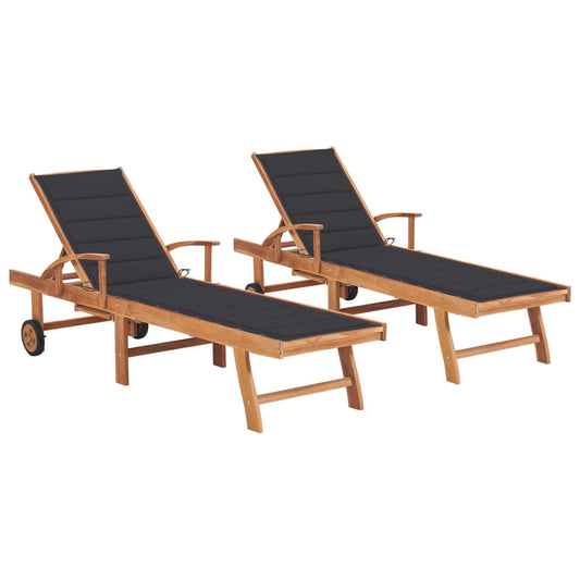Chaises longues 2 pièces avec coussins en bois de teck massif anthracite