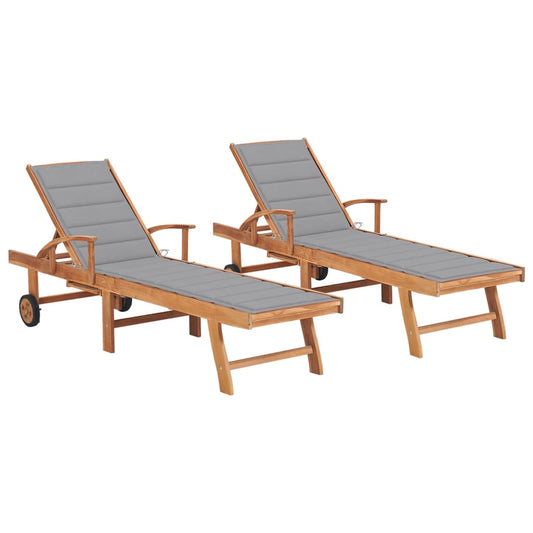 Chaises longues 2 pièces avec coussins en bois de teck massif gris