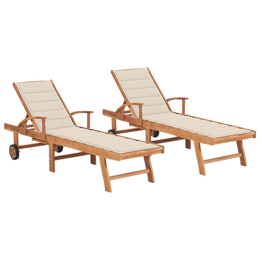 Chaises longues 2 pièces avec coussins crème en bois de teck massif