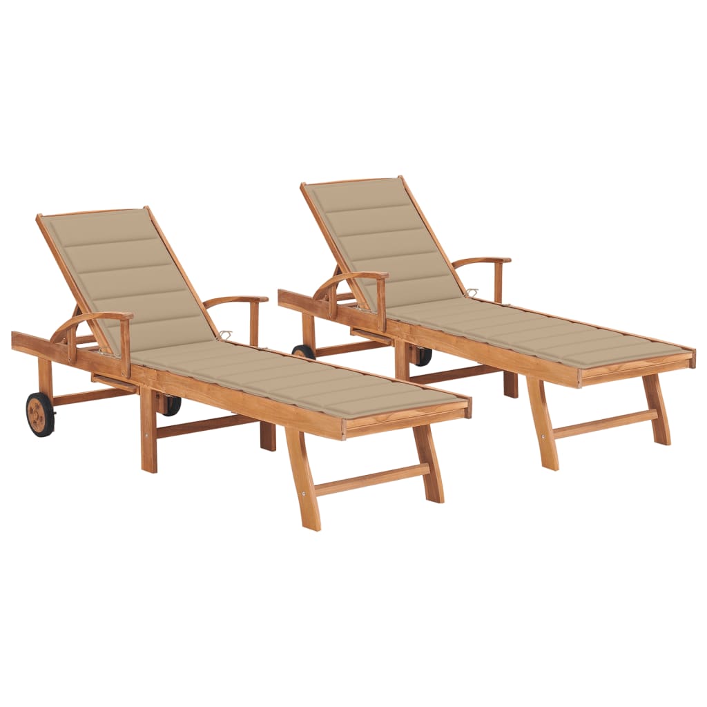 Chaises longues 2 pièces avec coussins en bois de teck massif beige