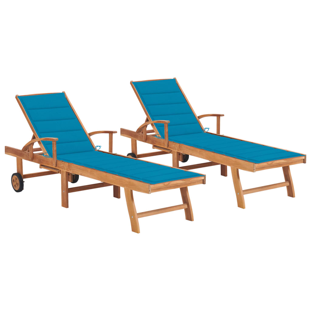 Chaises longues 2 pièces avec coussins en bois de teck massif bleu