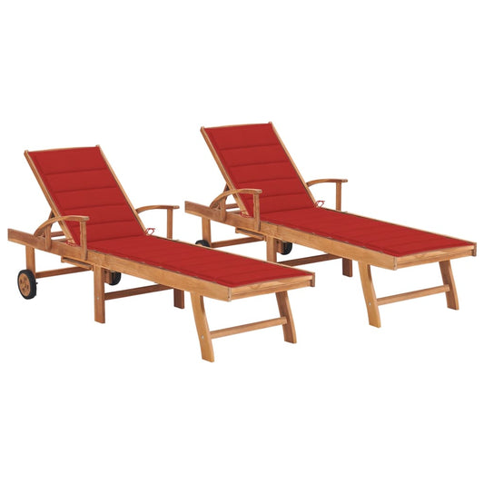 Chaises longues 2 pièces avec coussins en bois de teck massif rouge