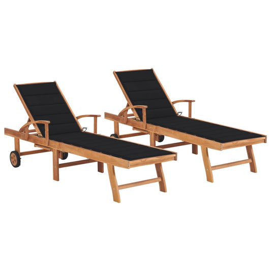 Chaises longues 2 pièces avec coussins en bois de teck massif noir