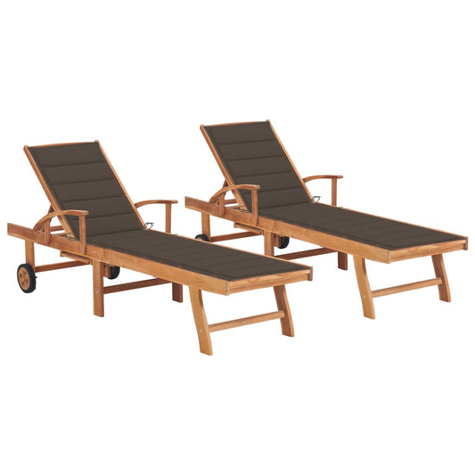 Chaises longues 2 pièces avec coussins en bois de teck massif taupe